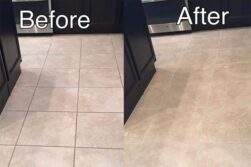 Before and after shot of cleaned kitchen floor tile