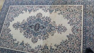 Floral patterned rug in blue and off-white, half cleaned to show the before and after