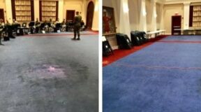 Before and after photos of soiled and faded carpet in large open room that has been dyed to look new