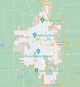 Map of Kokomo, IN with pins on We Care Park, Seiberling Mansion, Elwood Haynes Museum, and Jackson Marrow Park.